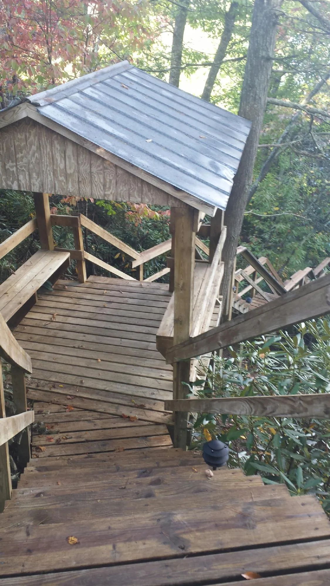 Metal roofed shelter over wooden steps on a wooded walkway — Skylight Repair & Installation work by our crew in Lees Summit